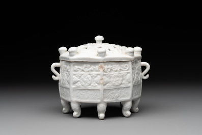 A Chinese Dehua blanc de Chine 'Marco Polo' censer and cover, Kangxi