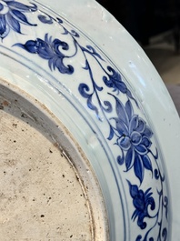 A large Chinese blue and white Yuan-style 'dragon' dish, probably 19th C.