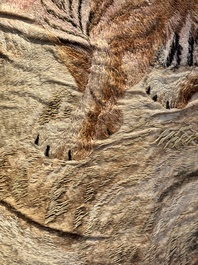 A Japanese embroidered silk wall tapestry with two tigers, Meiji, 19th C.