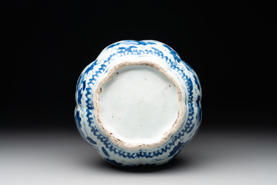 A Chinese blue and white 'fruiting vines and a squirrel' melon-shaped  jar, Ming