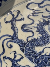A large Chinese blue and white Yuan-style 'dragon' dish, probably 19th C.