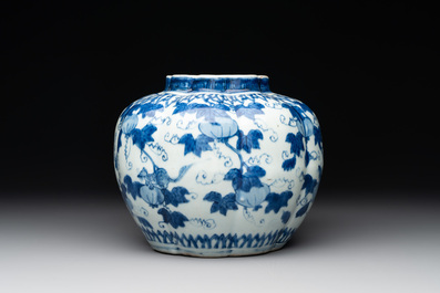 A Chinese blue and white 'fruiting vines and a squirrel' melon-shaped  jar, Ming