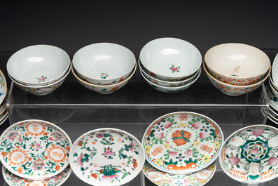 An impressive collection of 53 Chinese famille rose saucers, dishes and bowls, 19th C.