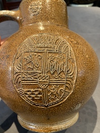 A globular stoneware jug with three coat of arms medallions, Germany, 16th C.