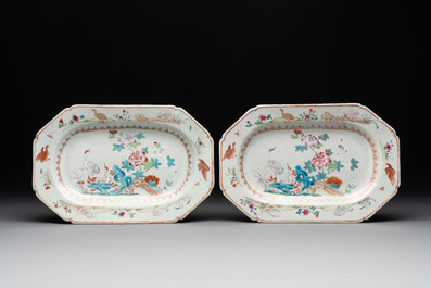Three Chinese famille rose octagonal 'crane' dishes and an oval 'pseudo-tobacco leaf' dish, Qianlong
