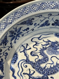 A large Chinese blue and white Yuan-style 'dragon' dish, probably 19th C.
