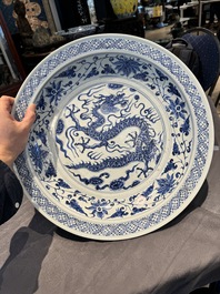 A large Chinese blue and white Yuan-style 'dragon' dish, probably 19th C.