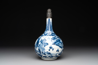 A Chinese blue and white silver-mounted 'landscape' bottle vase, Kangxi