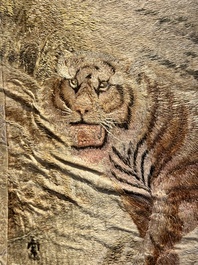 A Japanese embroidered silk wall tapestry with two tigers, Meiji, 19th C.