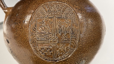 A globular stoneware jug with three coat of arms medallions, Germany, 16th C.