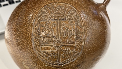 A globular stoneware jug with three coat of arms medallions, Germany, 16th C.