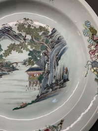 A Chinese famille rose 'mountainous river landscape' dish, 19th C.
