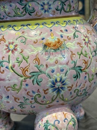 A large and impressive Chinese famille rose 'bajixiang and lotus scroll' censer with a wooden cover, Jiaqing mark and of the period