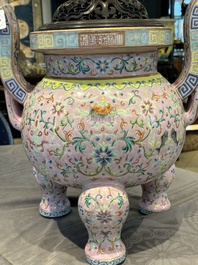 A large and impressive Chinese famille rose 'bajixiang and lotus scroll' censer with a wooden cover, Jiaqing mark and of the period