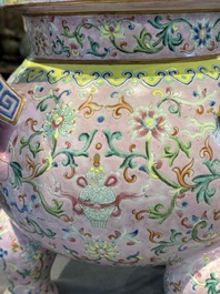 A large and impressive Chinese famille rose 'bajixiang and lotus scroll' censer with a wooden cover, Jiaqing mark and of the period