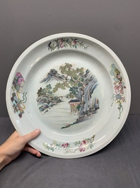 A Chinese famille rose 'mountainous river landscape' dish, 19th C.