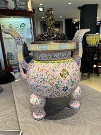 A large and impressive Chinese famille rose 'bajixiang and lotus scroll' censer with a wooden cover, Jiaqing mark and of the period