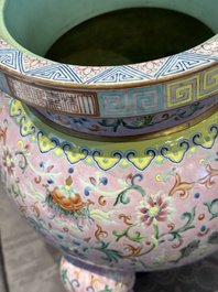 A large and impressive Chinese famille rose 'bajixiang and lotus scroll' censer with a wooden cover, Jiaqing mark and of the period
