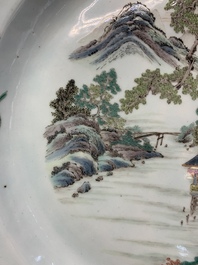 A Chinese famille rose 'mountainous river landscape' dish, 19th C.