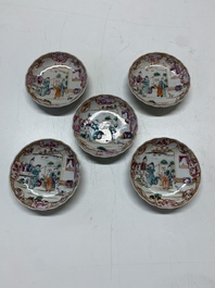 Six Chinese Canton famille rose 'mandarin subject' cups and ten saucers, Qianlong