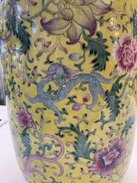 A pair of Chinese famille rose yellow-ground 'dragon' vases, Qianlong mark, Republic