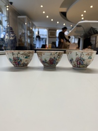 Six Chinese Canton famille rose 'mandarin subject' cups and ten saucers, Qianlong