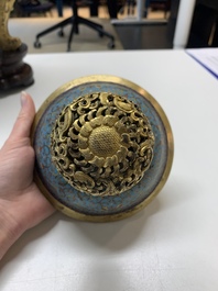 An impressive Chinese cloisonn&eacute; 'dragon' censer and cover on wooden stand, Qianlong mark and of the period