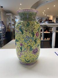 A pair of Chinese famille rose yellow-ground 'dragon' vases, Qianlong mark, Republic