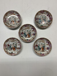 Six Chinese Canton famille rose 'mandarin subject' cups and ten saucers, Qianlong