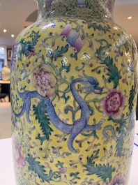 A pair of Chinese famille rose yellow-ground 'dragon' vases, Qianlong mark, Republic