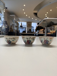 Six Chinese Canton famille rose 'mandarin subject' cups and ten saucers, Qianlong