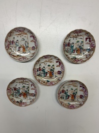 Six Chinese Canton famille rose 'mandarin subject' cups and ten saucers, Qianlong