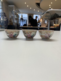Six Chinese Canton famille rose 'mandarin subject' cups and ten saucers, Qianlong