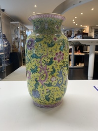 A pair of Chinese famille rose yellow-ground 'dragon' vases, Qianlong mark, Republic