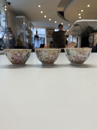 Six Chinese Canton famille rose 'mandarin subject' cups and ten saucers, Qianlong
