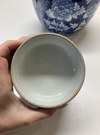 Two Chinese blue and white 'peonies' and 'peonies and antiquities' jars and covers, 19th C.