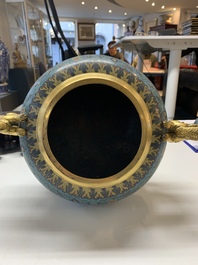 An impressive Chinese cloisonn&eacute; 'dragon' censer and cover on wooden stand, Qianlong mark and of the period