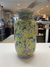 A pair of Chinese famille rose yellow-ground 'dragon' vases, Qianlong mark, Republic
