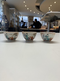 Six Chinese Canton famille rose 'mandarin subject' cups and ten saucers, Qianlong