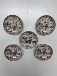 Six Chinese Canton famille rose 'mandarin subject' cups and ten saucers, Qianlong