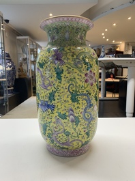 A pair of Chinese famille rose yellow-ground 'dragon' vases, Qianlong mark, Republic