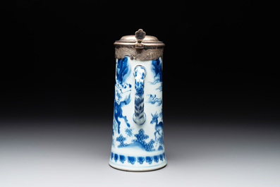 A Chinese blue and white silver-mounted tankard, Transitional period