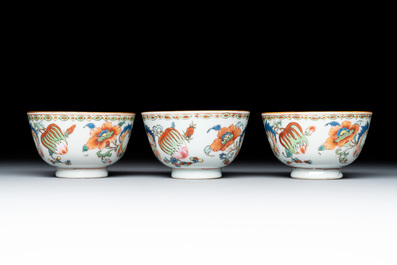 Three Chinese famille rose 'Madame de Pompadour' cups and saucers, Qianlong, ca. 1745