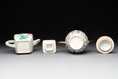 Two Chinese famille rose teapots, four cups and two saucers, Qianlong