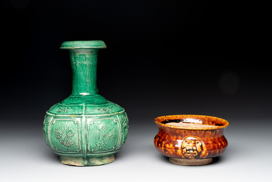 A Chinese monochrome green-glazed kendi and a brown-glazed censer, Qing