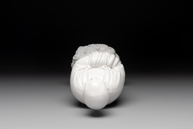 A Chinese Dehua blanc de Chine figure of Dharma, He Chaozong 何朝宗 and Dehua 德化 mark, Republic