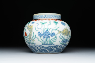 A Chinese doucai 'lotus pond with carps' jar and cover, tian 天 mark, 19/20th C.