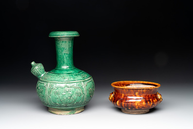 A Chinese monochrome green-glazed kendi and a brown-glazed censer, Qing