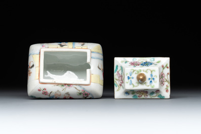 A fine Chinese famille rose covered water pot with figural design on wooden stand, 18th C.