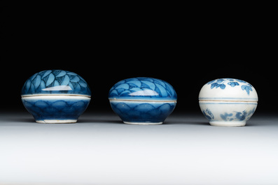 Six Chinese blue and white shipwreck bowls and three covered boxes from the Hatcher and Nanking cargo, Transitional period and Qianlong